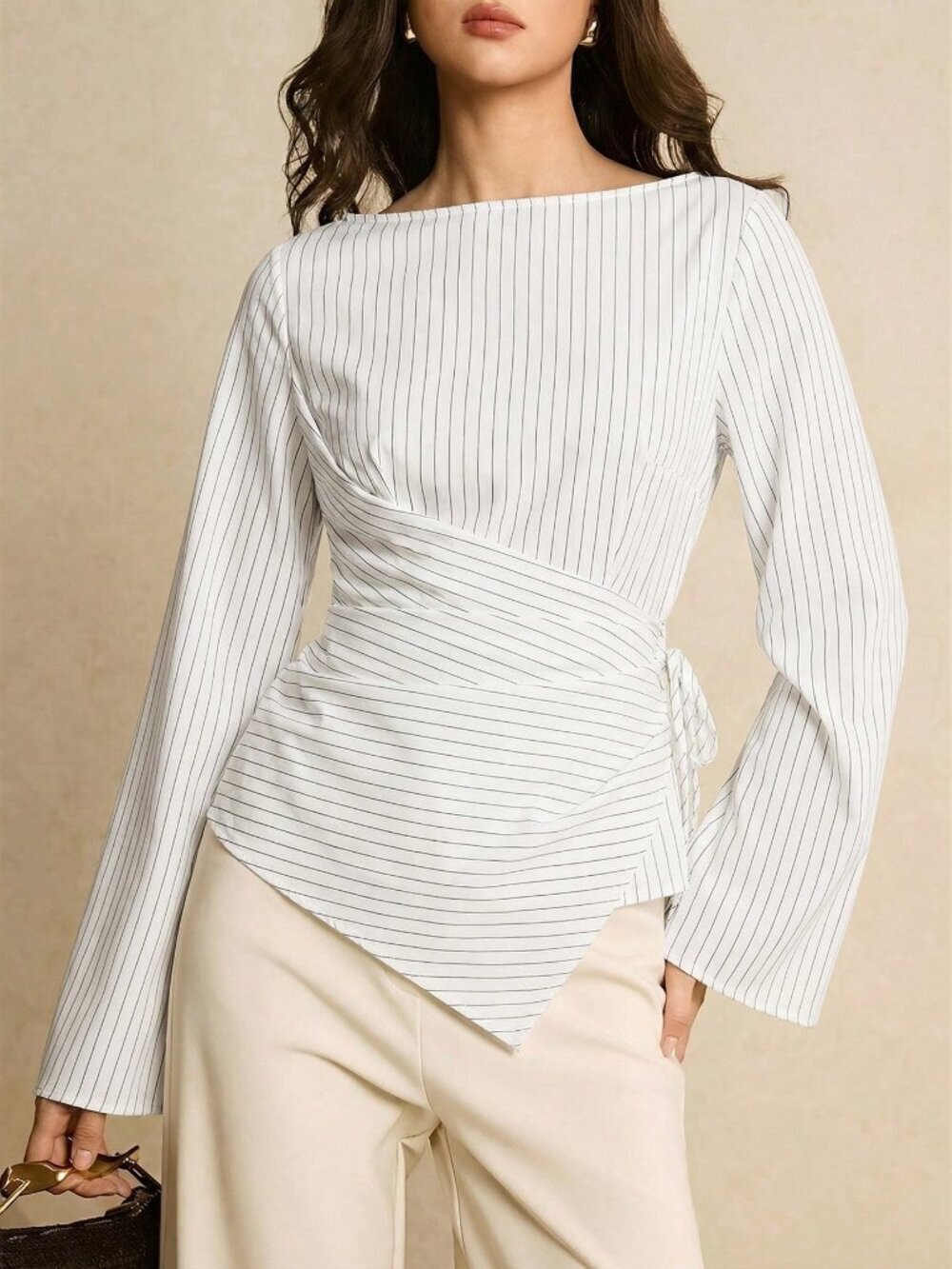 White Casual Women's Striped Boat Neck Shirt with Tie Waist and Asymmetric Hem